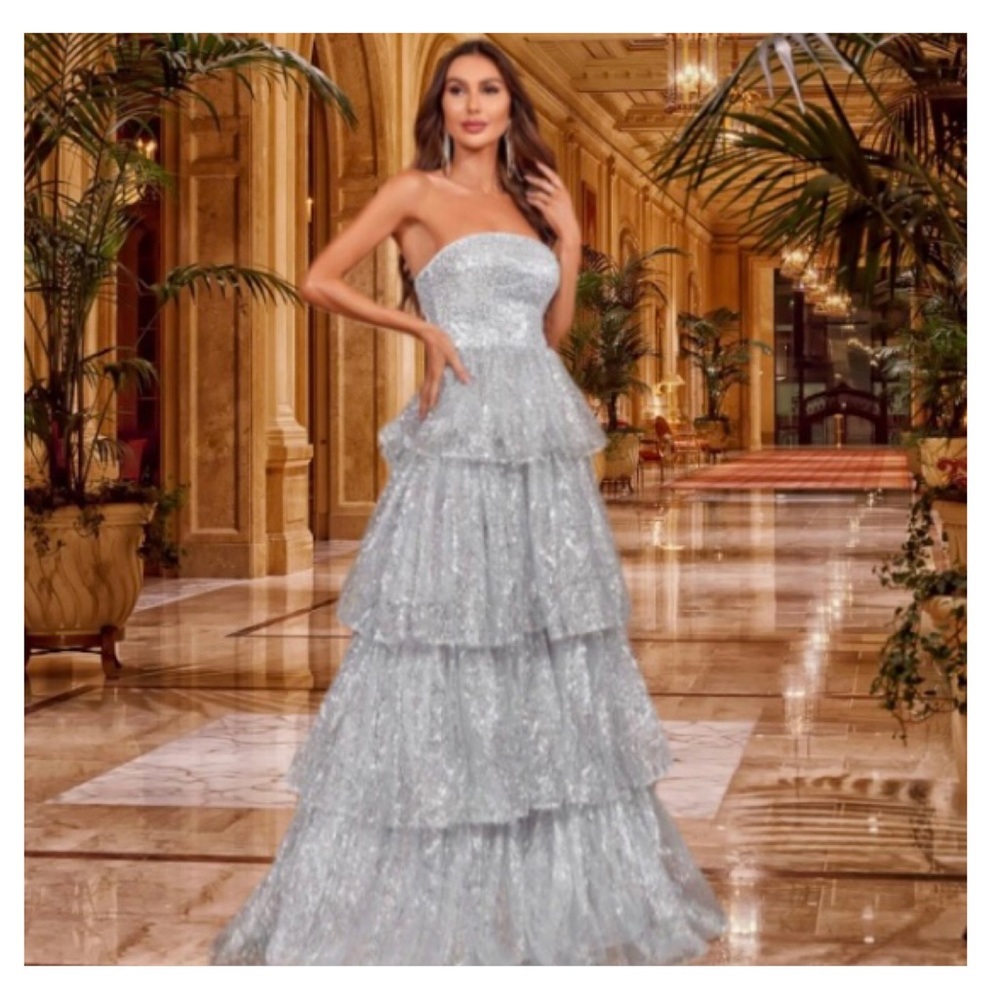 Silver Sequins Strapless Layered Tiered Formal Gown Dress